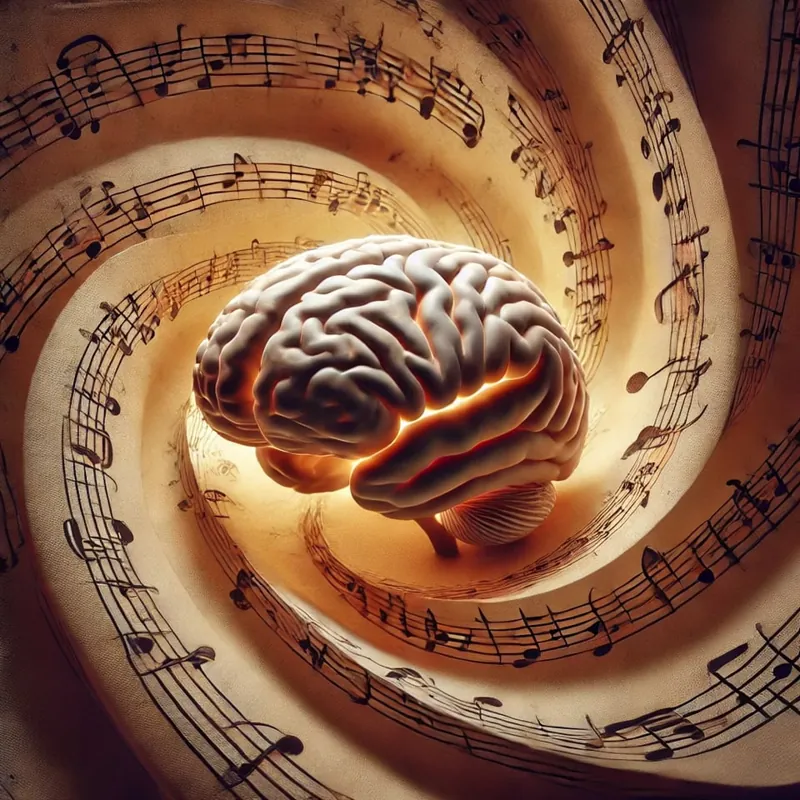 Illustration d'un cerveau entouré de partitions